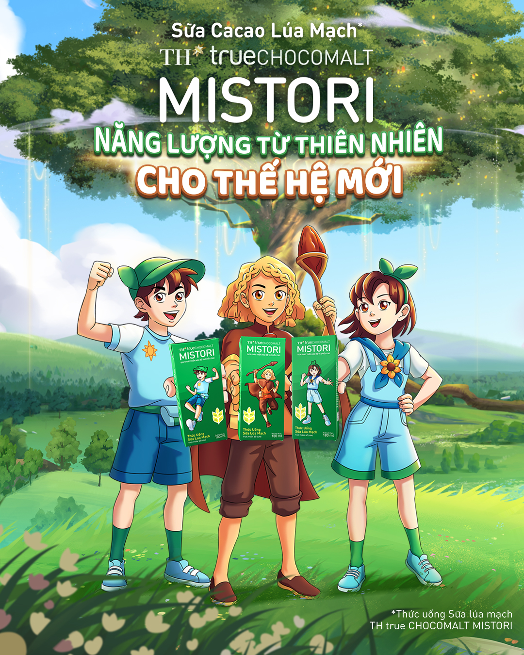 Cùng với thương hiệu mới MISTORI, Tập đoàn TH sáng tạo nên các nhân vật như Cậu Bé Thần (giữa) từ Tinh cầu Chocomalt và các cô bé, cậu bé đáng yêu từ Địa Cầu