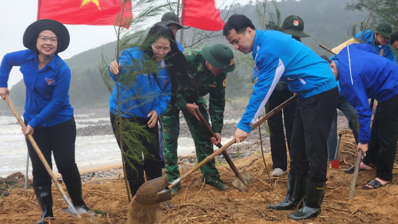 Đoàn đại biểu thanh niên do anh Ngô Văn Cương Bí thư T.Ư Đoàn làm trưởng đoàn tham gia trồng cây xanh tại bãi biển của Nghệ An. Ảnh: Phạm Đức