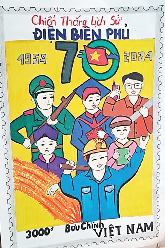 Tranh dự thi “Kỷ niệm 70 năm
chiến thắng Điện Biên Phủ qua tem bưu chính”
của Hồ Thị Quỳnh Như.