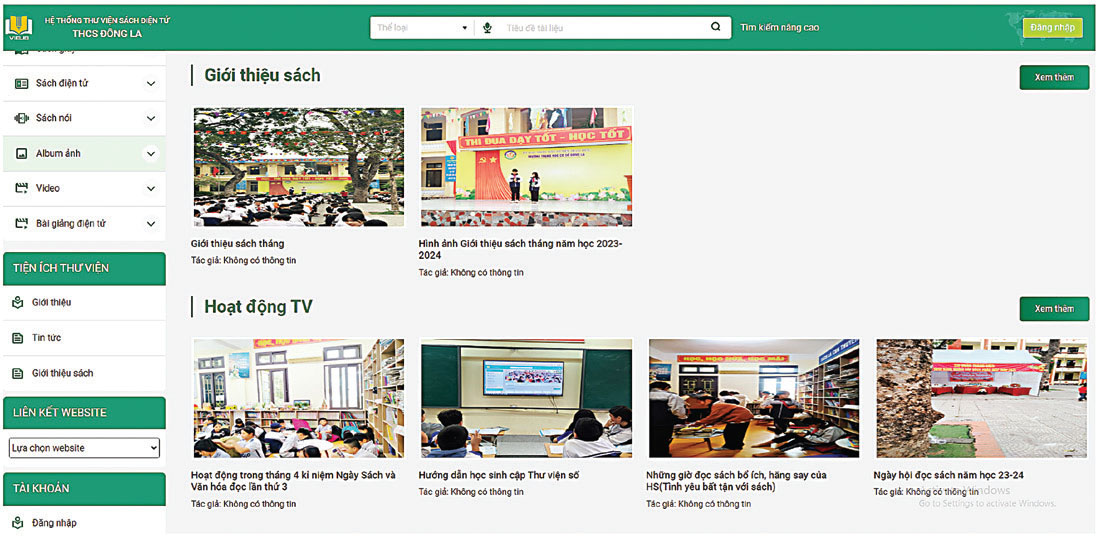 Giao diện website thư viện sách điện tử trường THCS Đông La, Hoài Đức, Hà Nội.