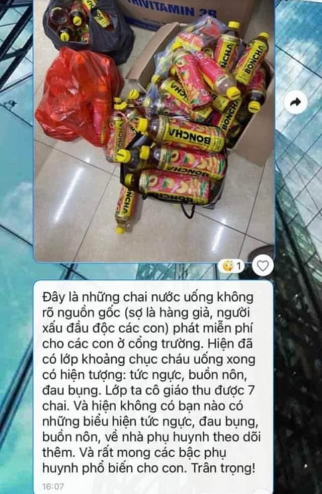 Hình ảnh về loại nước uống được thông báo trong một nhóm lớp học của trường THCS Bình Minh.