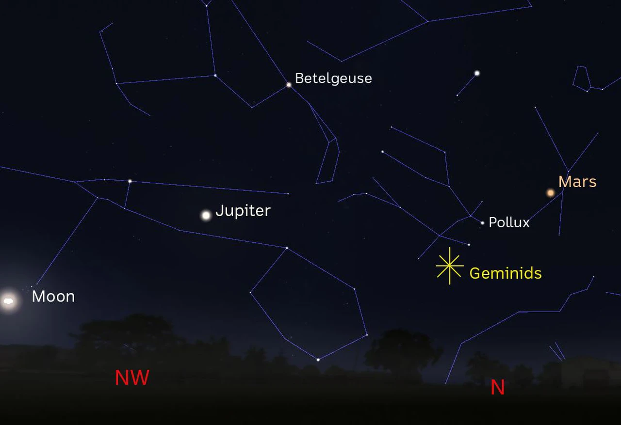 Vị trí phát ra mưa sao băng Geminids như được nâng lên bởi cánh tay của một trong 2 chàng trai - hình ảnh chòm sao Song Tử tạo nên - trên bầu trời - Ảnh: Stellarium/ABC