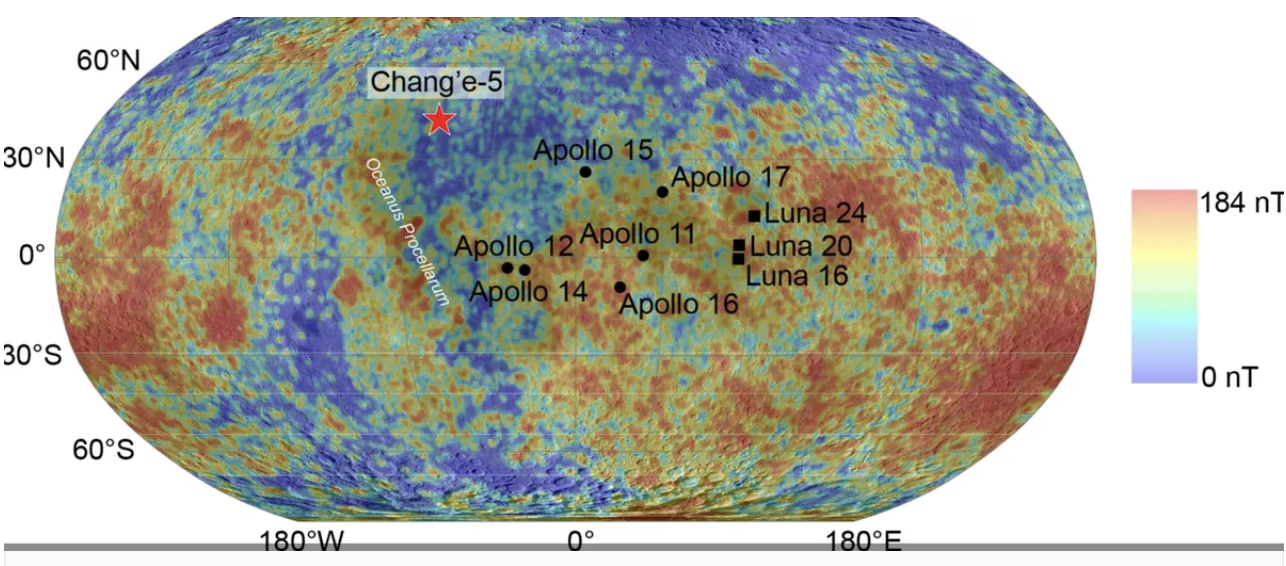 Hình ảnh bản đồ mô tả sự phân bố từ trường trên bề mặt Mặt Trăng.