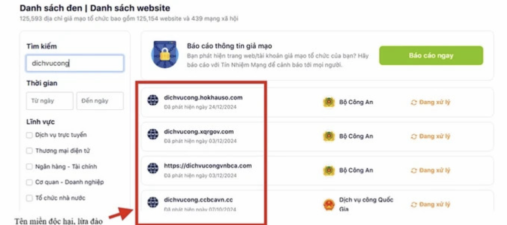 Hệ thống hiển thị danh sách các tên miền độc hại, lừa đảo.