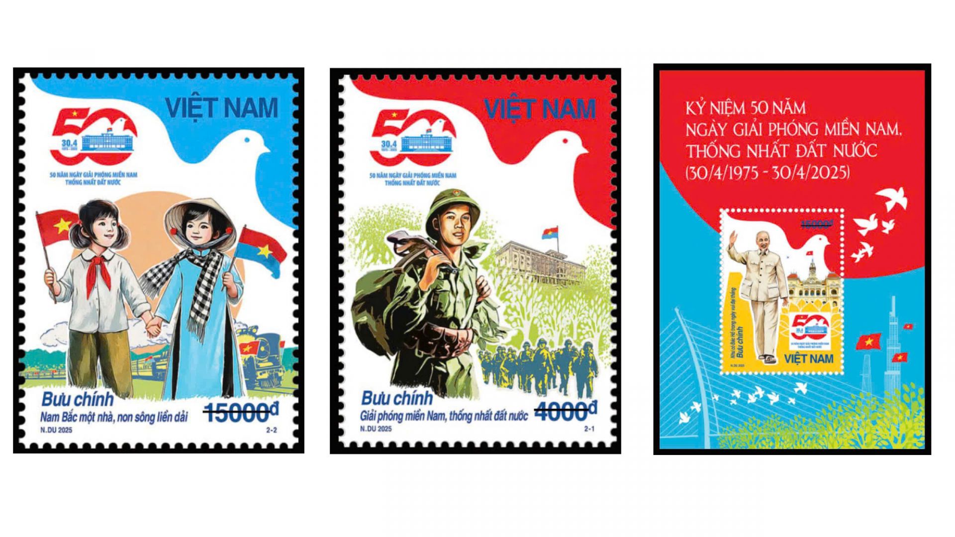 Bộ tem “Kỷ niệm 50 năm ngày Giải phóng miền Nam, thống nhất đất nước (30/4/1975 - 30/4/2025)” gồm 02 mẫu tem và 01 blốc Bộ tem “Kỷ niệm 50 năm ngày Giải phóng miền Nam, thống nhất đất nước (30/4/1975 - 30/4/2025)” gồm 02 mẫu tem và 01 blốc
