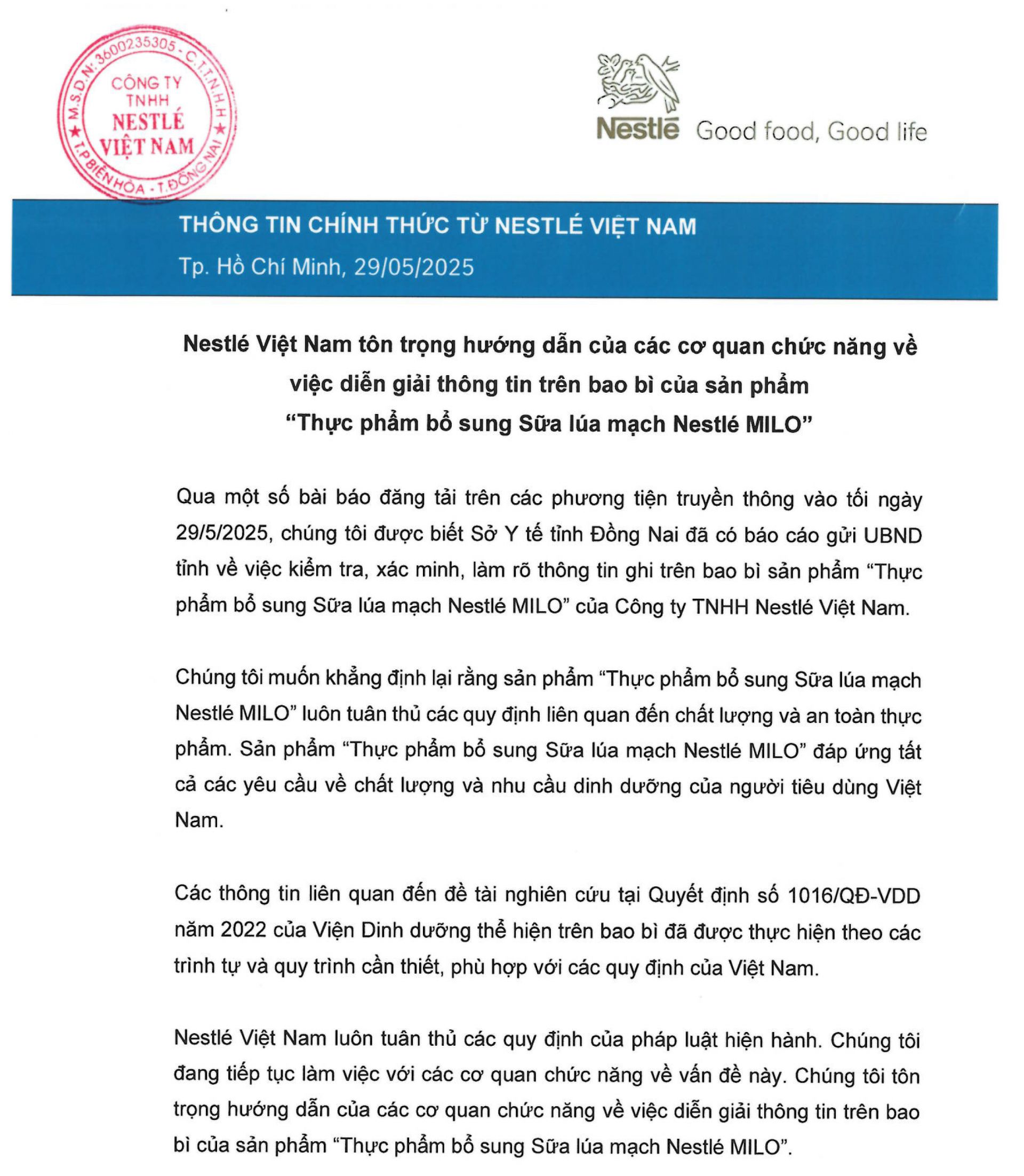 Thông tin chính thức từ phía Nestlé Việt Nam