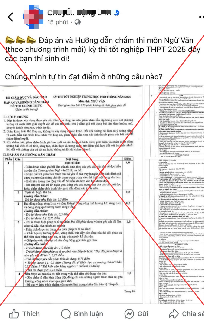 Đáp án môn Ngữ văn được lan truyền trên mạng xã hội Đáp án môn Ngữ văn được lan truyền trên mạng xã hội