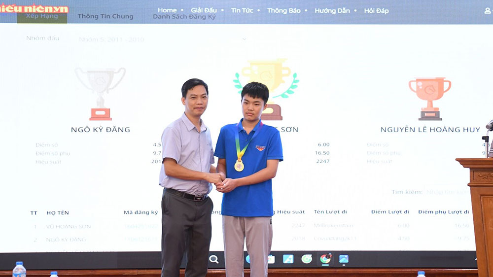 KTQG. PGS.TS Bùi Ngọc - UV BCH Liên đoàn cờ Việt Nam trao huy chương vàng toàn quốc cho kỳ thủ Vũ Hoàng Sơn (nhóm 5: lứa tuổi từ 9-11) KTQG. PGS.TS Bùi Ngọc - UV BCH Liên đoàn cờ Việt Nam trao huy chương vàng toàn quốc cho kỳ thủ Vũ Hoàng Sơn (nhóm 5: lứa tuổi từ 9-11)