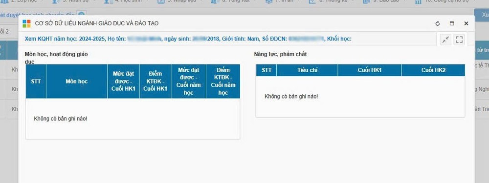 Học sinh lớp 1 của trường không có thông tin kết quả học tập trên cơ sở dữ liệu ngành Giáo dục Học sinh lớp 1 của trường không có thông tin kết quả học tập trên cơ sở dữ liệu ngành Giáo dục