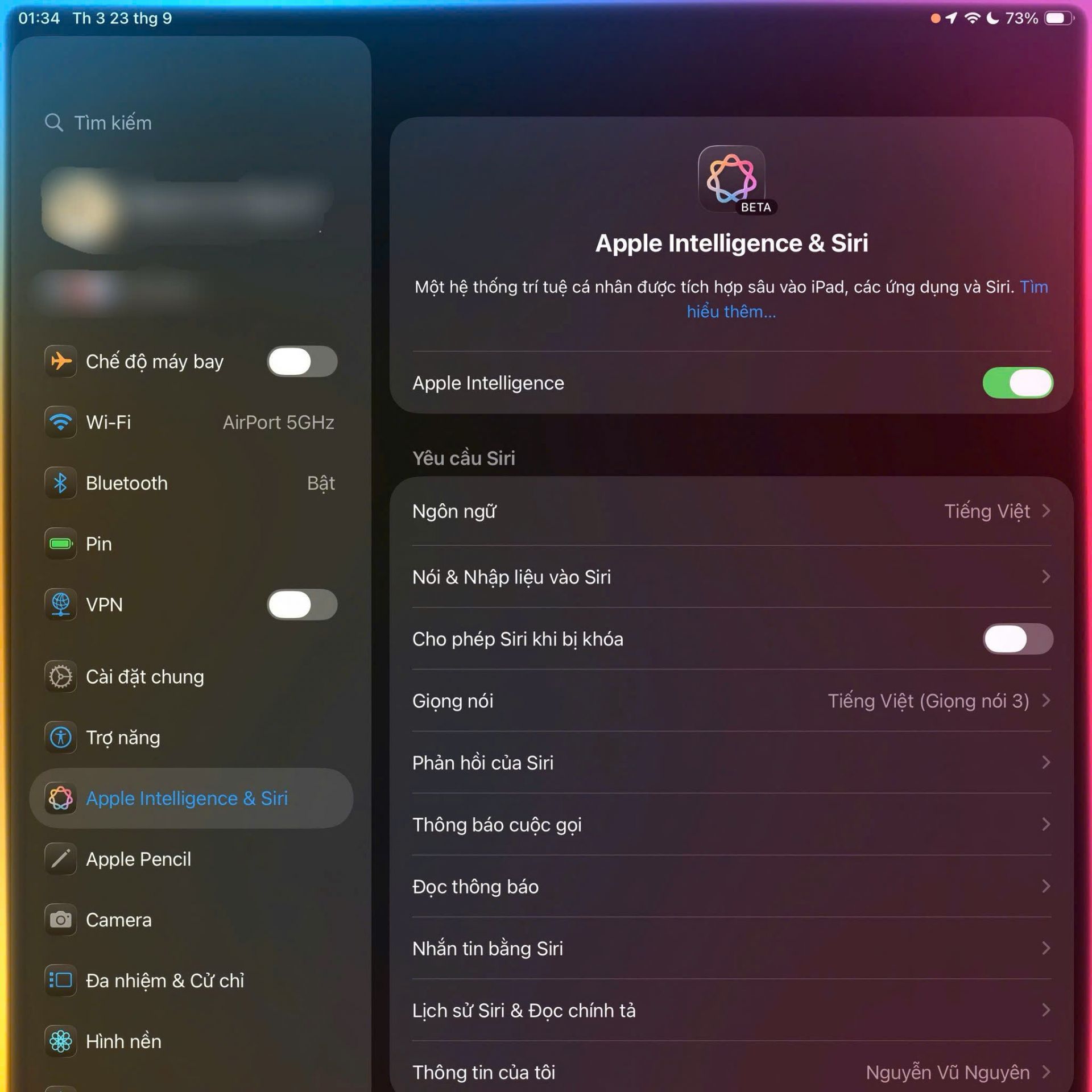 Giao diện của Apple Intelligence trên iPadOS 26.1 Beta.