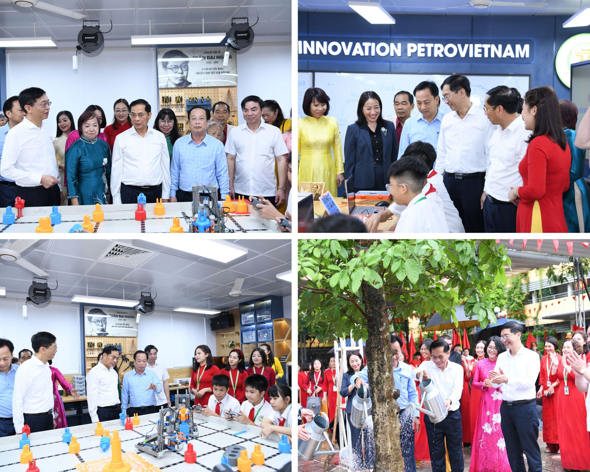 Phó Thủ tướng Bùi Thanh Sơn và đoàn công tác tham quan Phòng thực hành Giáo dục STEM và trồng cây tại Trường THCS Tây Mỗ. 