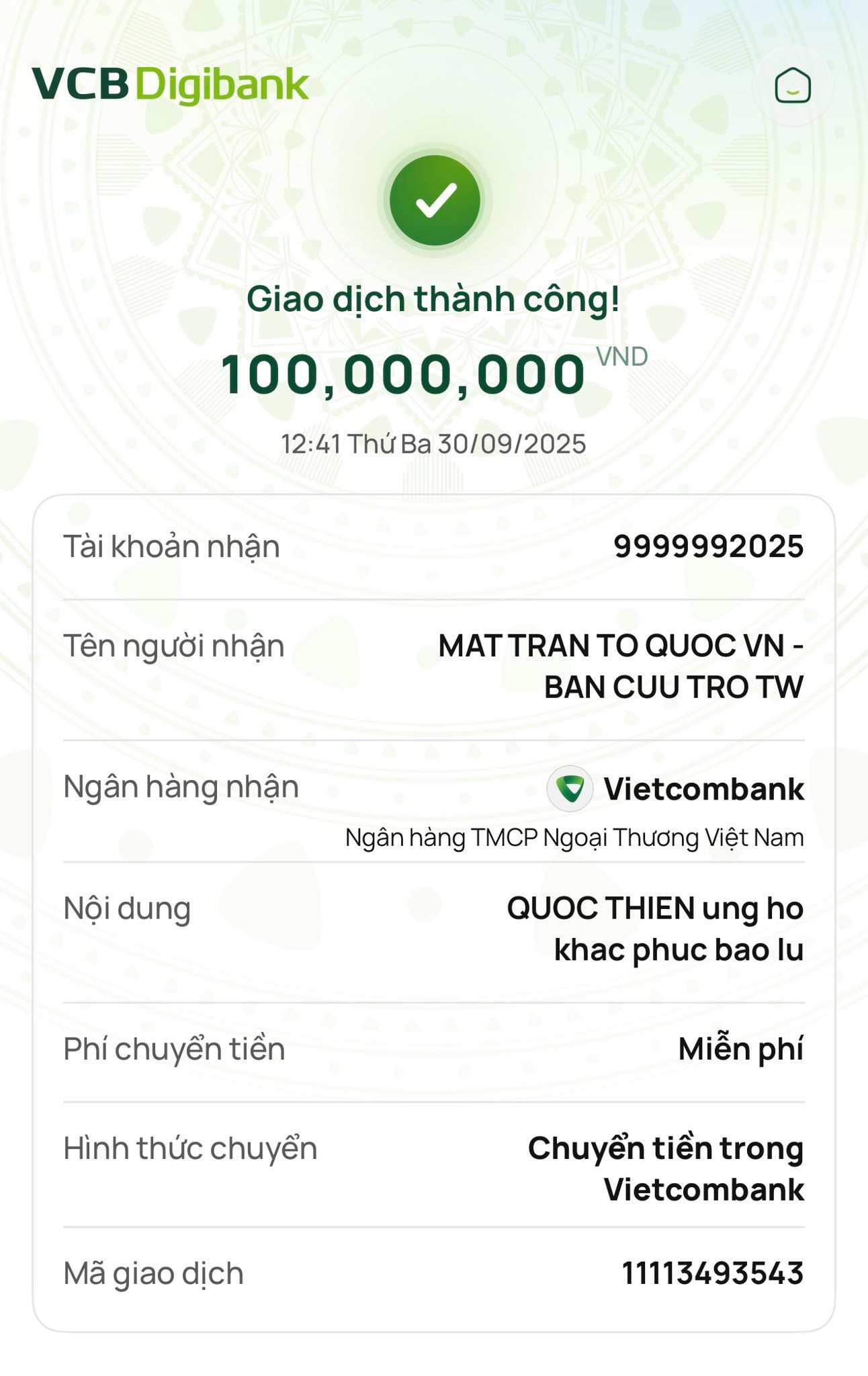 Ca sĩ Quốc Thiên chuyển khoản 100 triệu đến Ban Cứu trợ T.Ư.