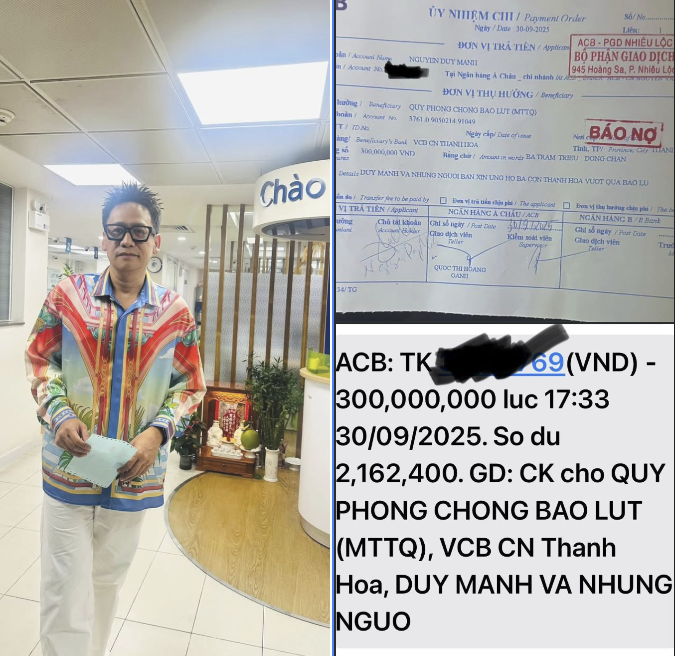 Ca sĩ Duy Mạnh ủng hộ 300 triệu đồng cho người dân chịu ảnh hưởng của mưa bão.