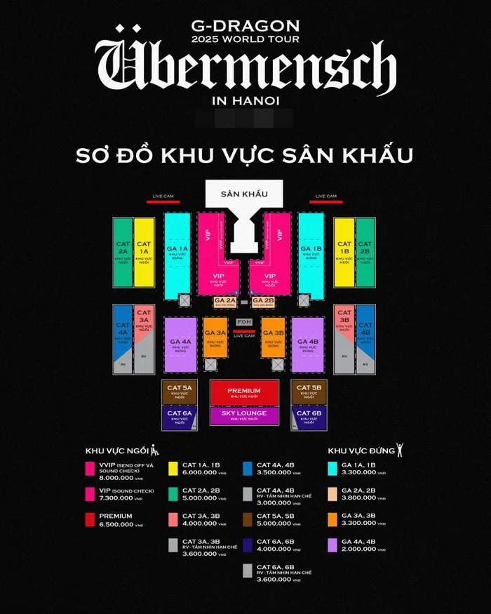 Sơ đồ chỗ ngồi và giá vé trong chương trình hòa nhạc của G-Dragon.