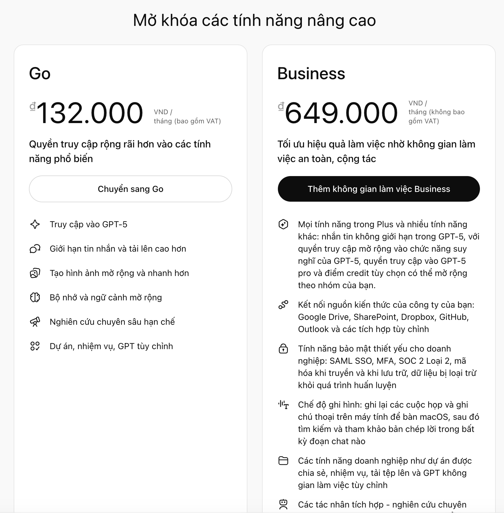 Chat GPT Go có giá 132.000/1 tháng.