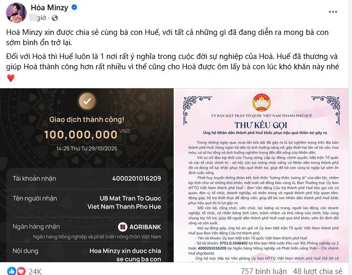 Hòa Minzy ủng hộ đồng bào TP. Huế chịu thiệt hại do mưa lũ.