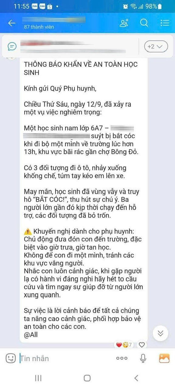 Các phụ huynh cảnh báo bắt cóc trên nhóm Zalo.