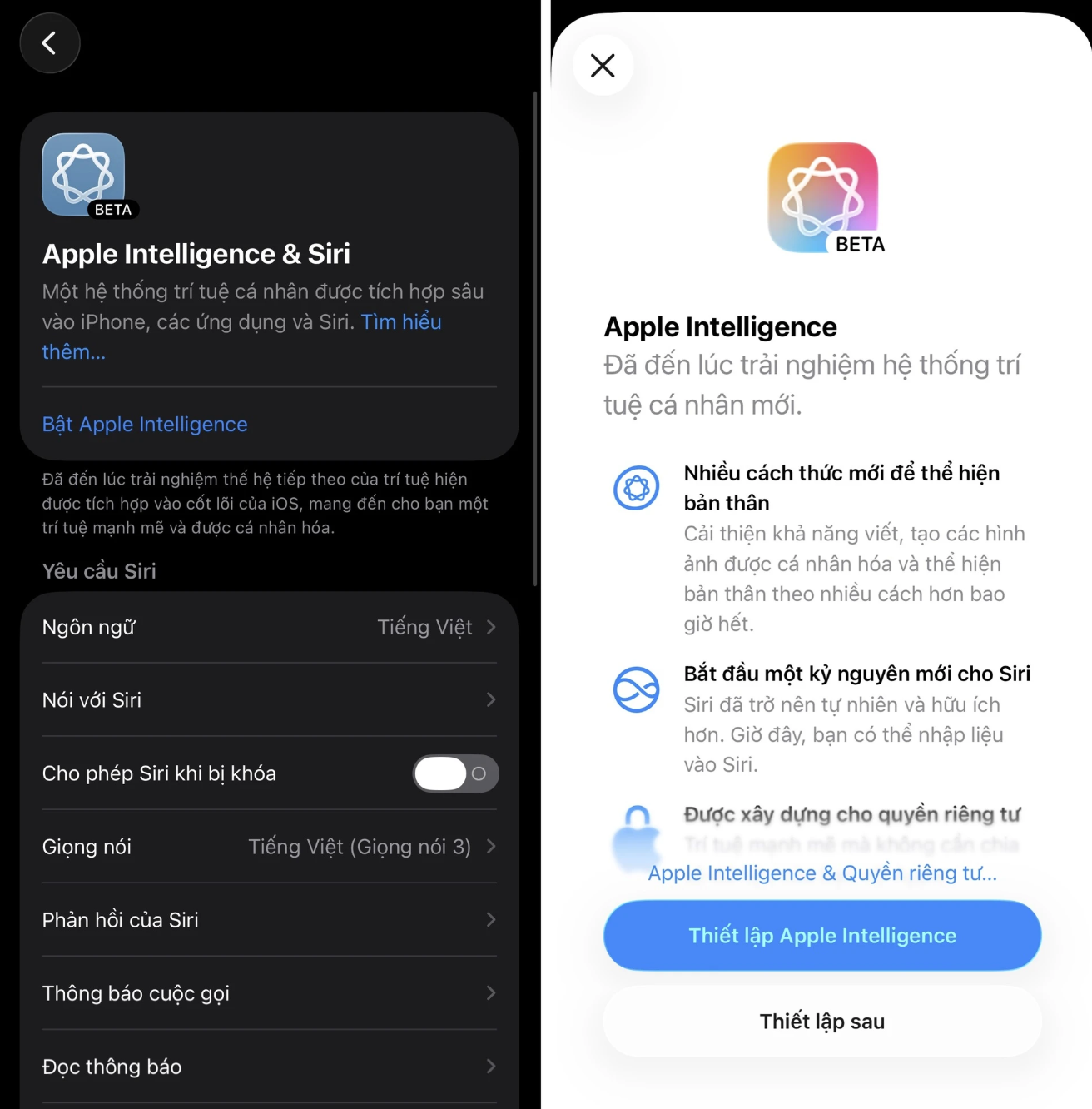 Màn hình thiết lập Apple Intelligence trên iOS 26.1.