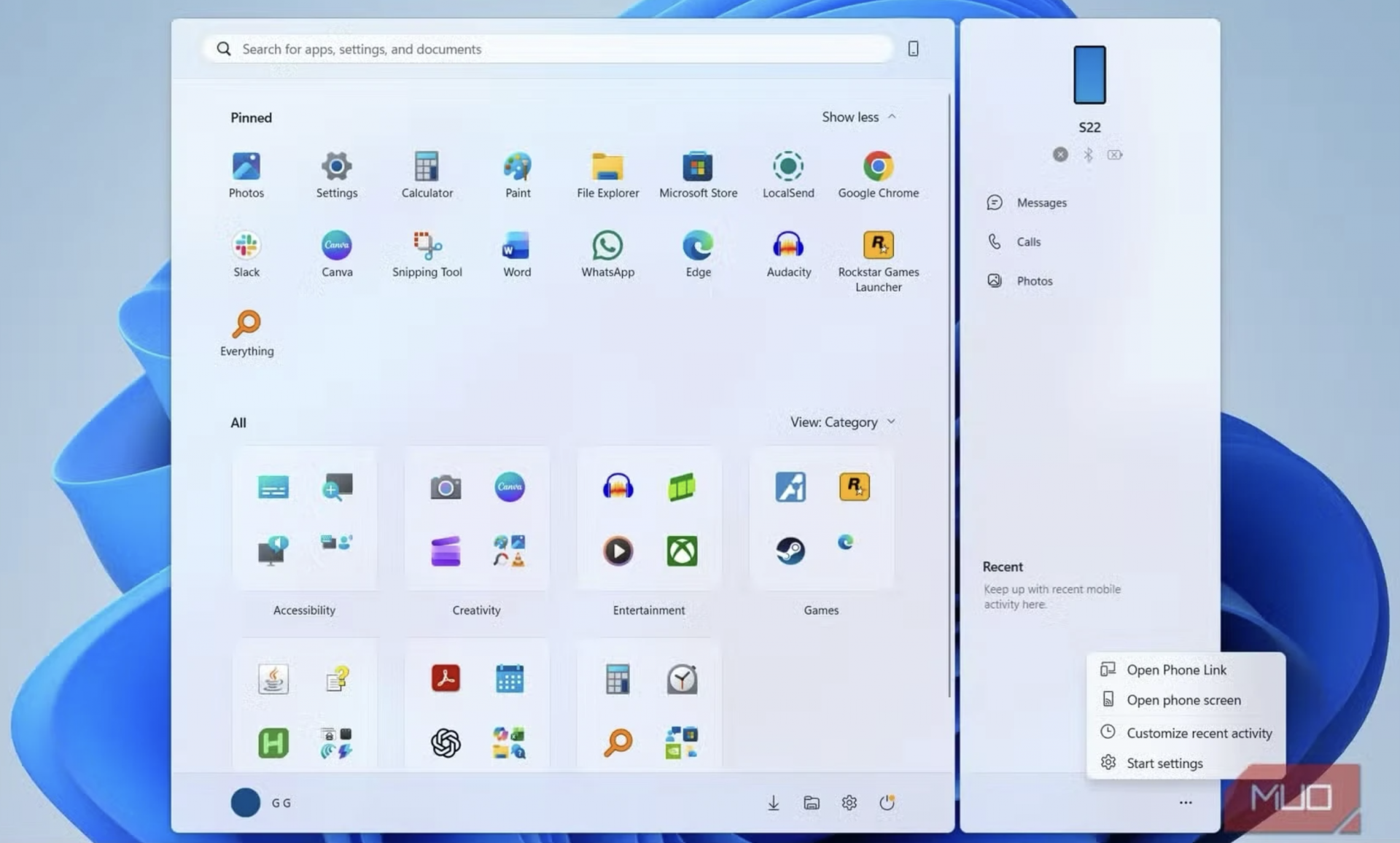 Phone Link có nhiều tiện ích khi được hiển thị dạng một thanh bên của menu Start.