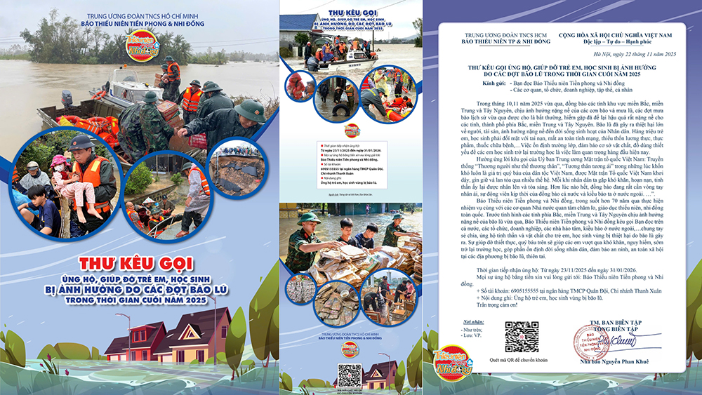Báo Thiếu niên Tiền phong và Nhi đồng kêu gọi ủng hộ chung tay vì trẻ em vùng lũ