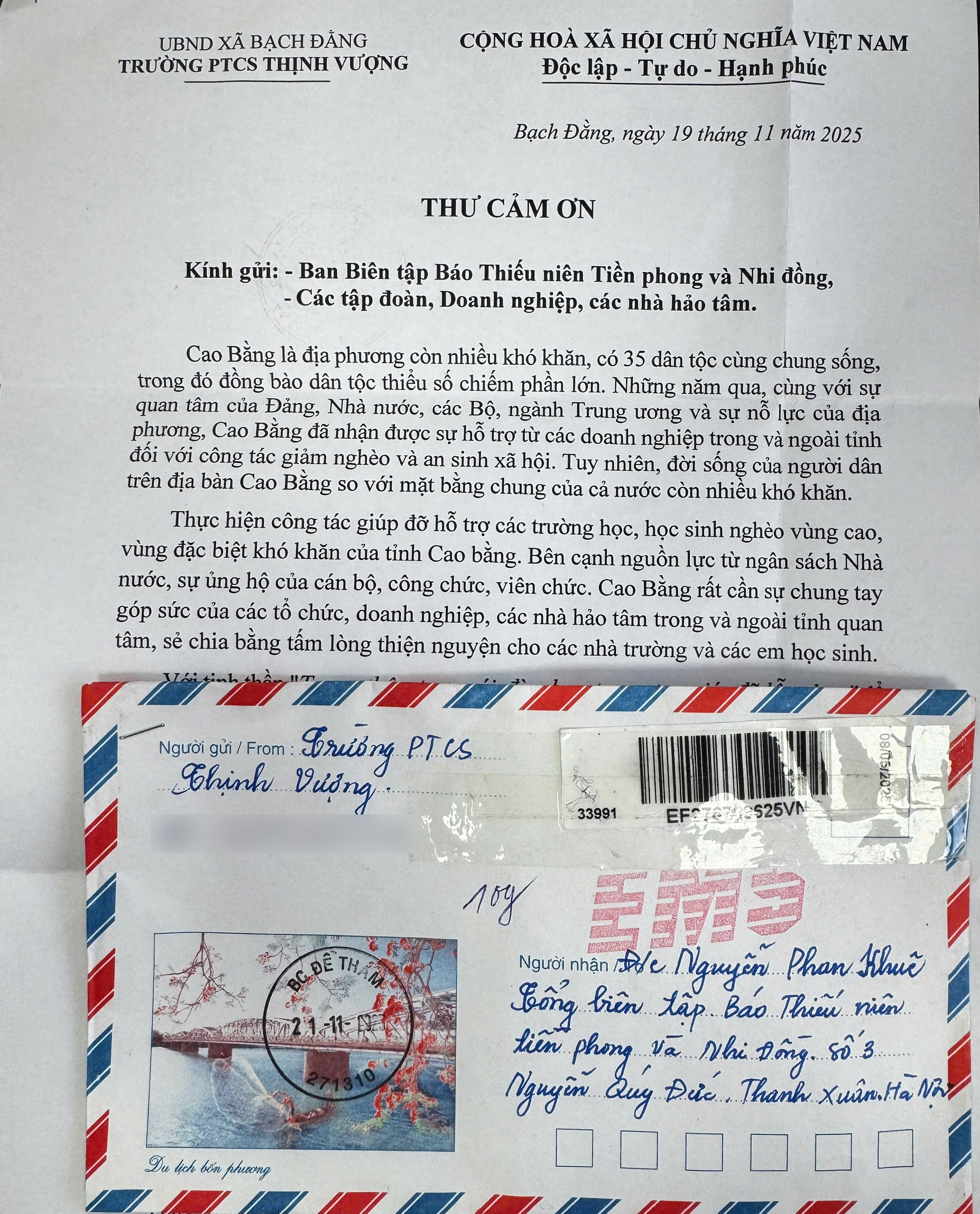 Thư cảm ơn của trường PTCS Thịnh Vượng gửi đến Báo TNTP&NĐ cùng các nhà hảo tâm.