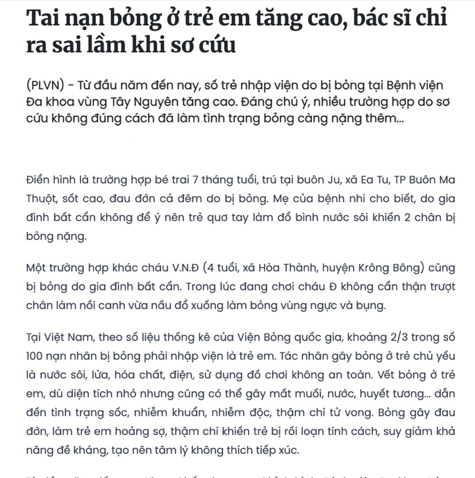 Một bài báo cảnh báo sơ cứu bỏng sai cách trên báo Pháp luật Việt Nam.