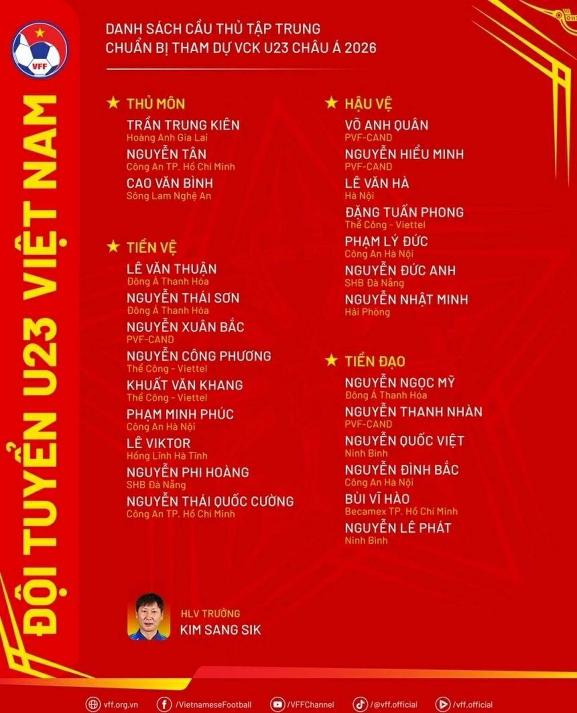Danh s&aacute;ch cầu thủ U23 Việt Nam tập trung tham dự v&ograve;ng chung kết U23 ch&acirc;u &Aacute; 2026. (Nguồn: VFF)