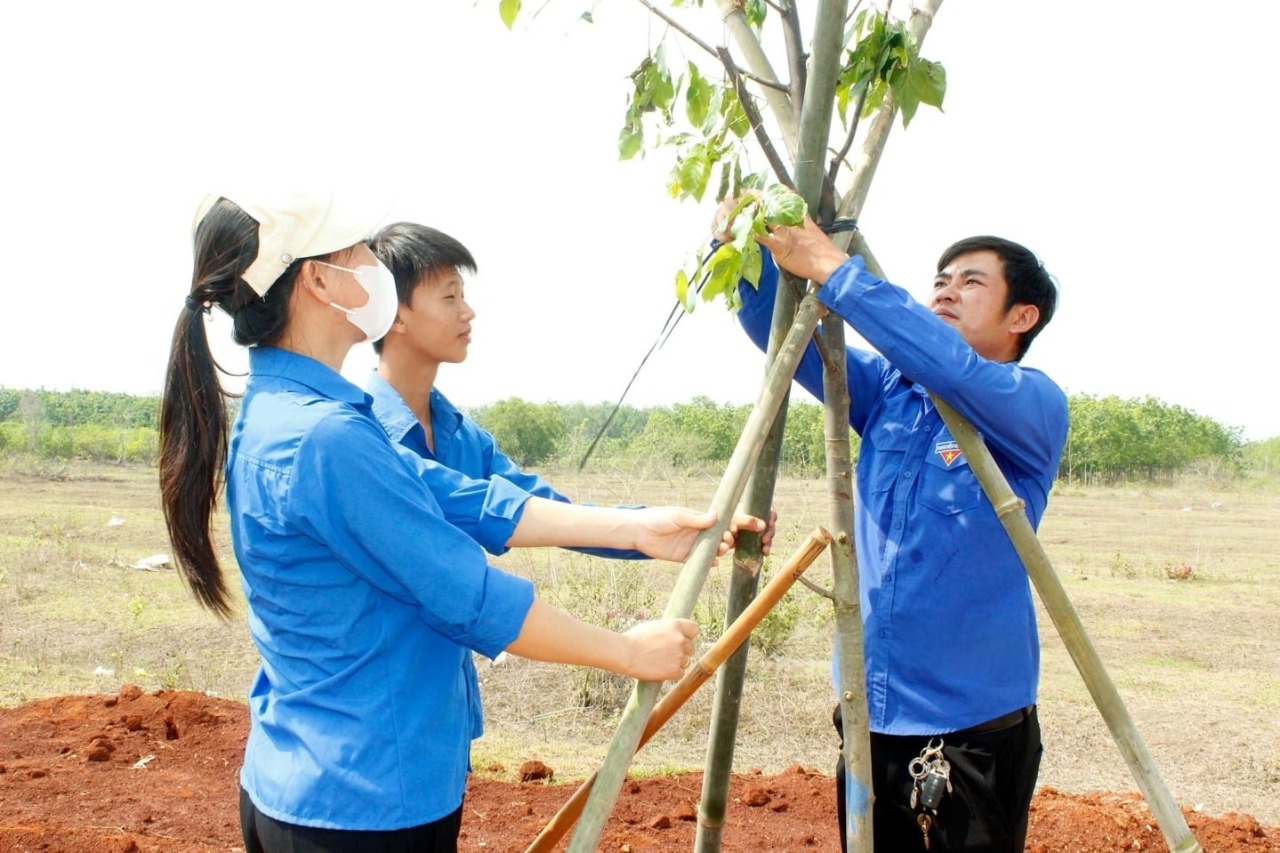 Đo&agrave;n thanh ni&ecirc;n trồng c&acirc;y xanh tại khu d&acirc;n cư x&acirc;y mới cho c&aacute;c hộ ngh&egrave;o ở x&atilde; B&ugrave; Đốp.