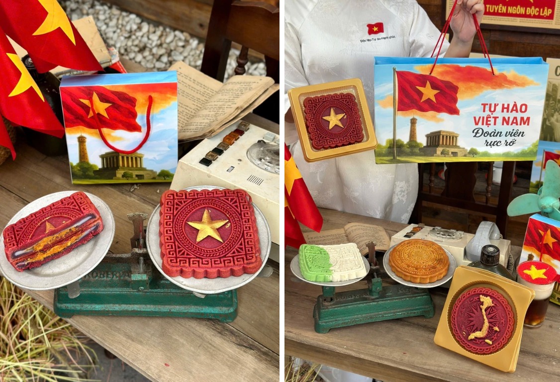 B&aacute;nh trung thu y&ecirc;u nước được b&agrave;y b&aacute;n với h&igrave;nh dạng v&agrave; mẫu m&atilde; bắt mắt.