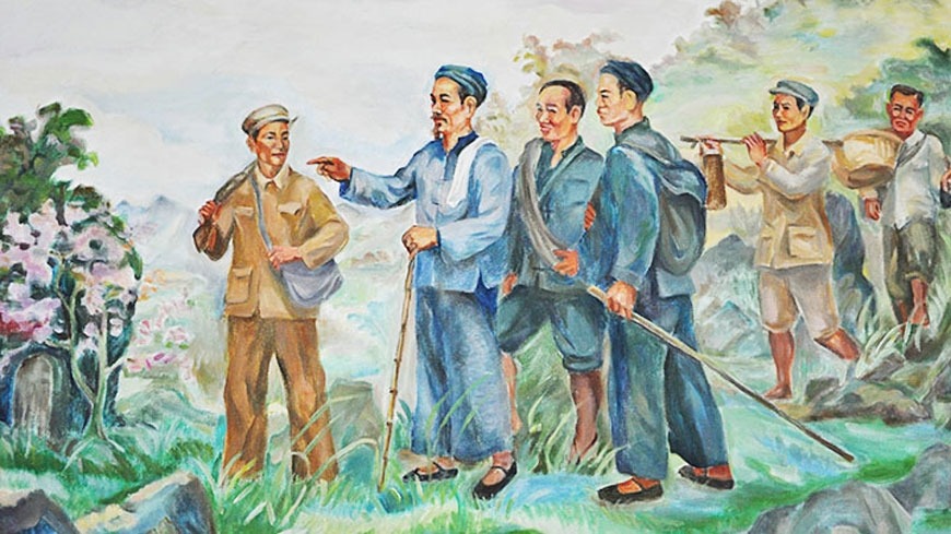 Ng&agrave;y 28/01/1941 B&aacute;c Hồ về nước trực tiếp l&atilde;nh đạo c&aacute;ch mạng Việt Nam. Tranh: Trịnh Ph&ograve;ng.