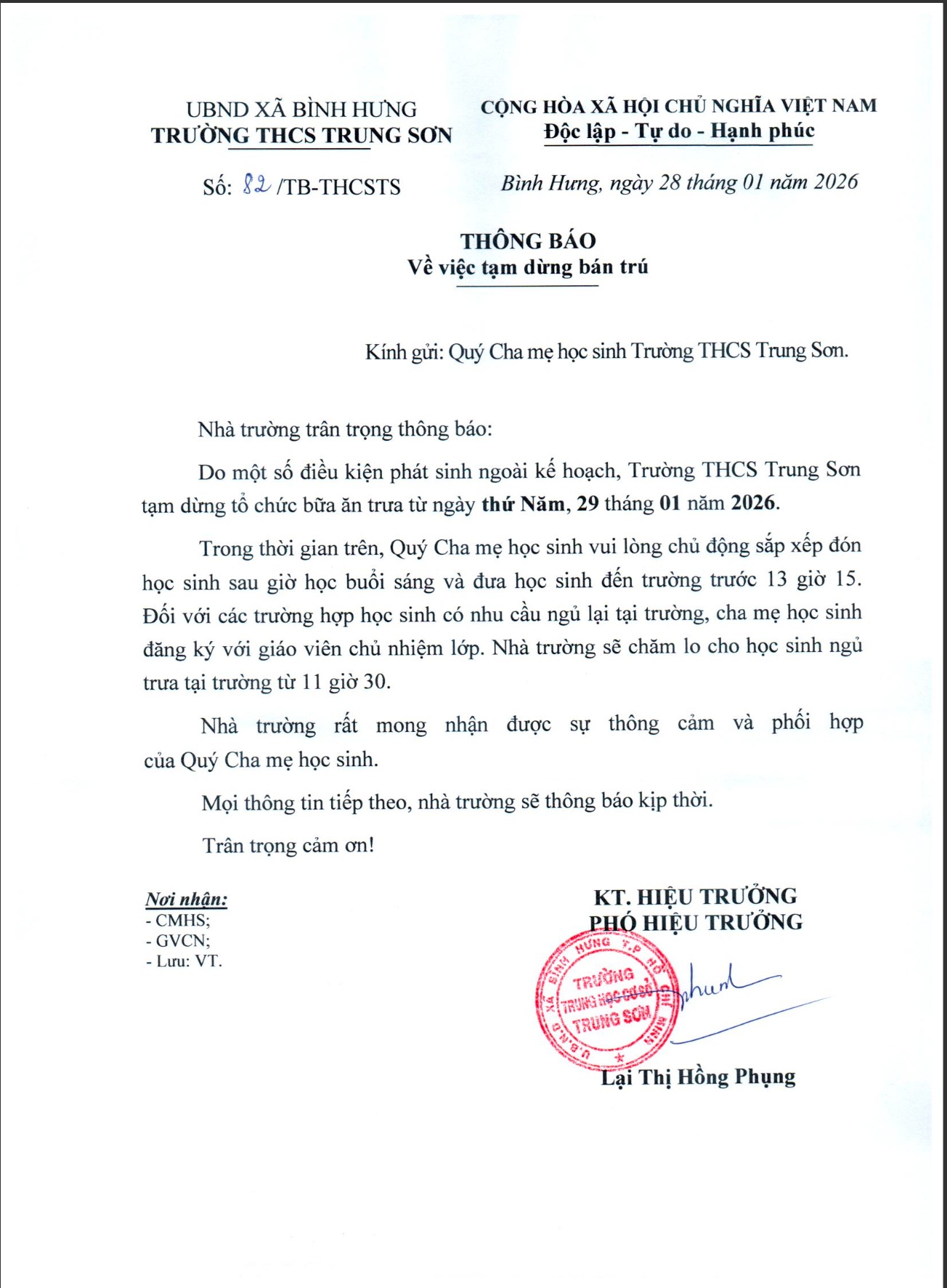 Th&ocirc;ng b&aacute;o tạm ngưng hợp t&aacute;c với Saco Foof của trường THCS Trung Sơn.