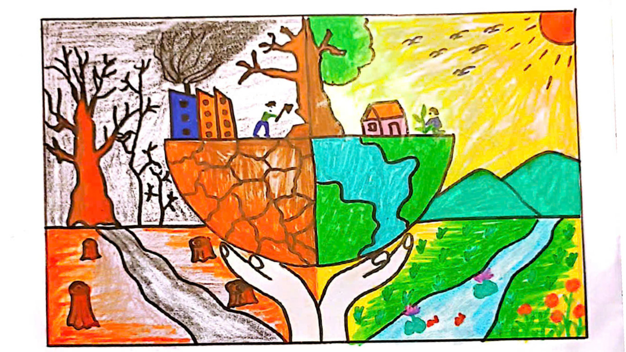 Tranh của bạn Dương Quốc Đạt
(lớp 3C, trường TH Trường Sơn,
x&atilde; Đức Minh, H&agrave; Tĩnh) với th&ocirc;ng điệp:
Đừng b&ecirc; t&ocirc;ng h&oacute;a mọi thứ
để giữ Tr&aacute;i Đất xanh.