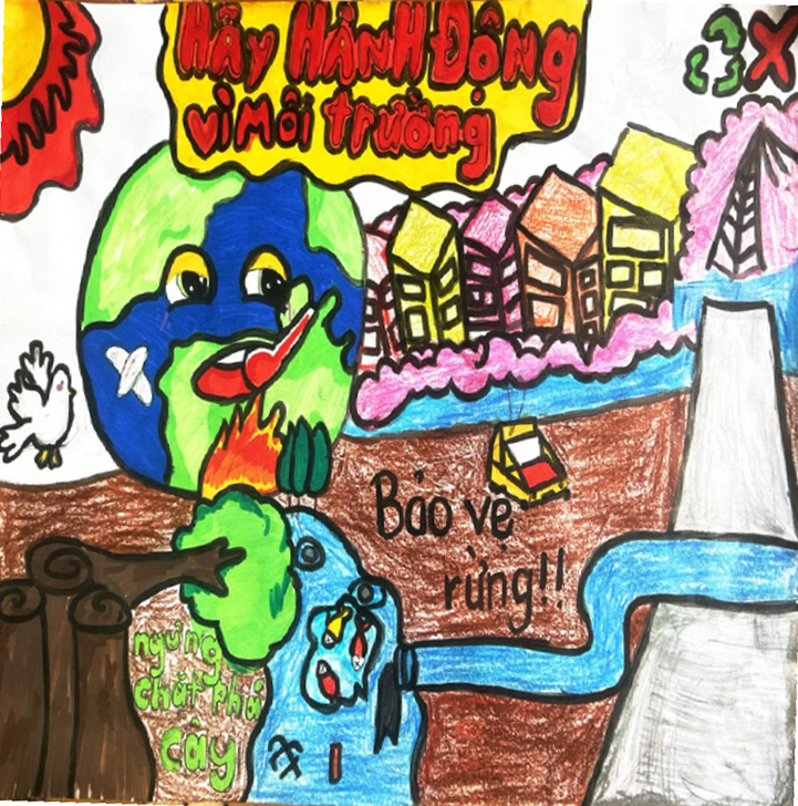 Bạn Nguyễn Thị &Aacute;nh Ngọc (lớp 5C,
trường TH Thị trấn T&acirc;y Sơn, Sơn T&acirc;y,
H&agrave; T ĩnh) với nỗi lo về việc chặt ph&aacute; rừng
dẫn tới thi&ecirc;n tai, lũ lụt khắp nơi.