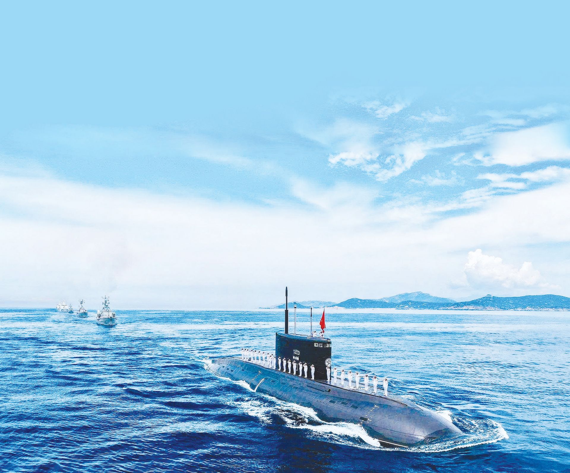 C&aacute;c ch&uacute; bộ đội hải qu&acirc;n tr&ecirc;n t&agrave;u ngầm l&agrave;m lễ ch&agrave;o cờ
khi t&agrave;u rời cảng l&agrave;m nhiệm vụ giữa biển xanh.