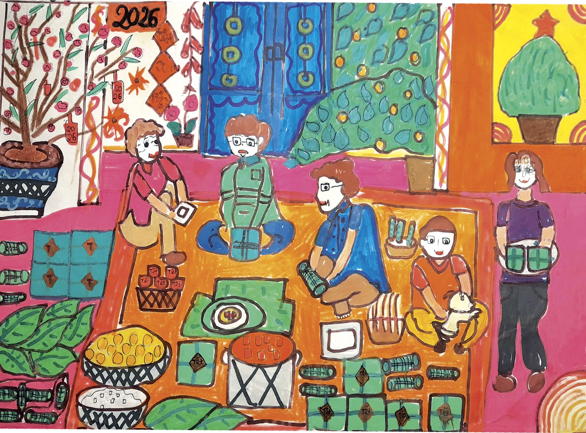 Tranh Qu&acirc;y quần g&oacute;i b&aacute;nh chưng xanh của bạn Nguyễn Ngọc Kh&aacute;nh (lớp 5A, trường TH Xu&acirc;n Th&agrave;nh, x&atilde; Ti&ecirc;n Điền, H&agrave; Tĩnh).