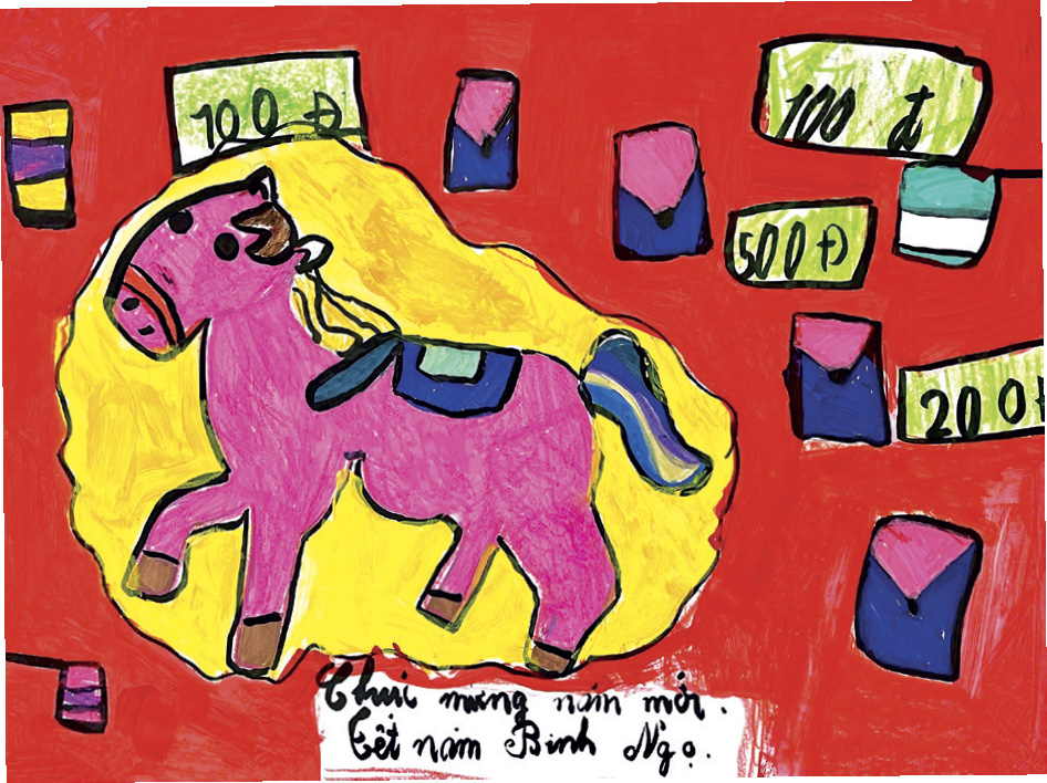 Tranh Tết năm Ngựa của bạn Ho&agrave;ng Ngọc Mai Anh (lớp 3B trường TH Quang Trung, phường Ho&agrave;n Kiếm, H&agrave; Nội).