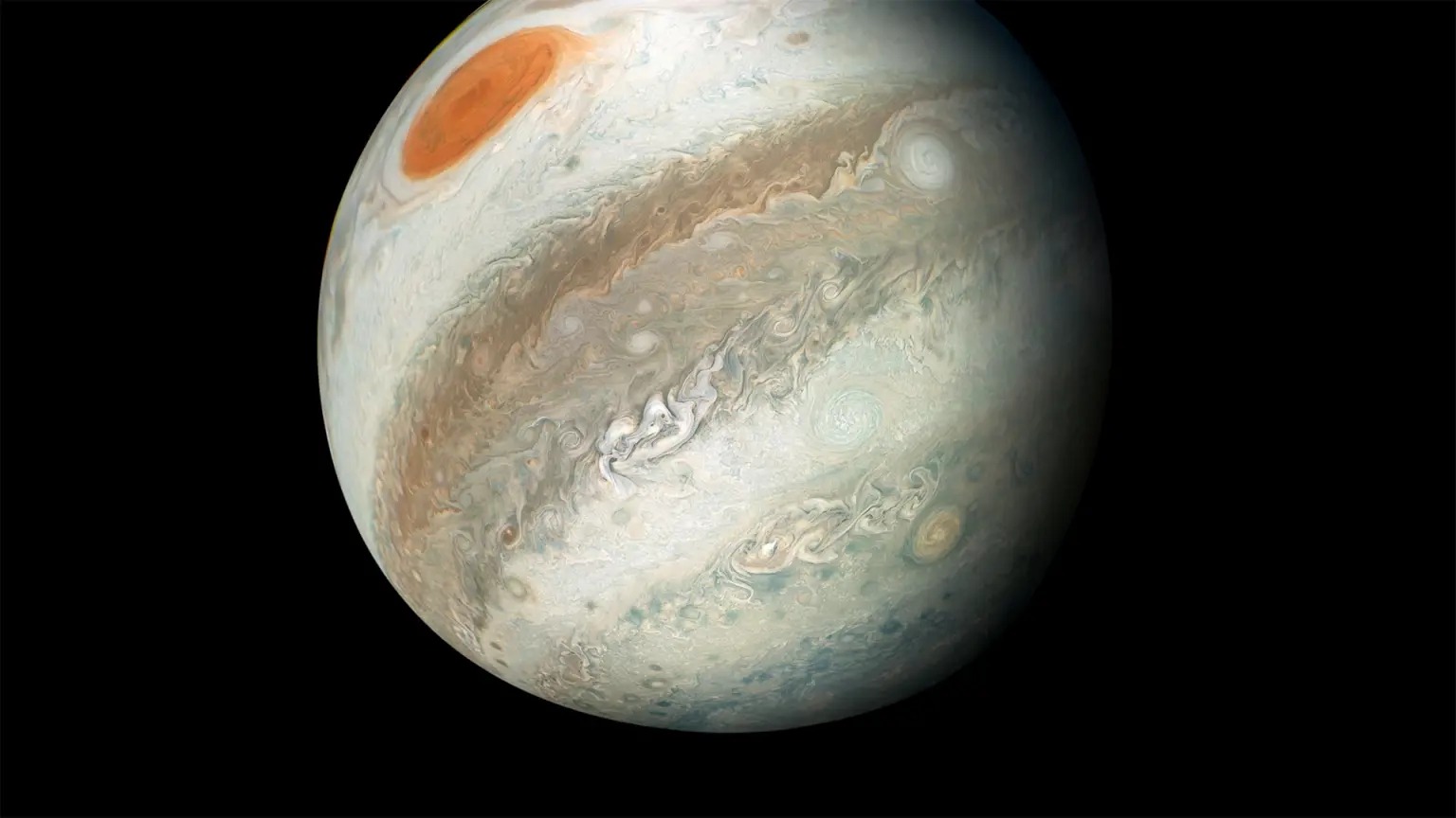 H&igrave;nh ảnh sao Mộc được t&agrave;u vũ trụ Juno của NASA chụp, cho thấy Great Red Spot (vết đỏ lớn) v&agrave; những đ&aacute;m m&acirc;y xo&aacute;y. 