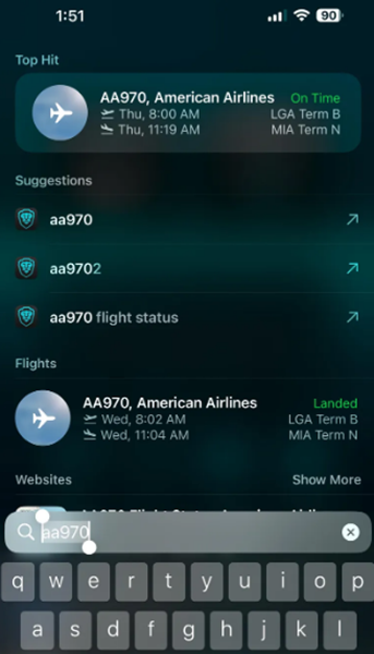 Spotlight Search cũng cho ph&eacute;p theo d&otilde;i chuyến bay.