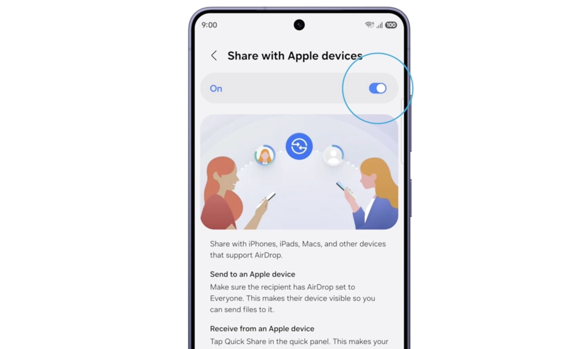 T&ugrave;y chọn chia sẻ với thiết bị Apple của Quick Share tr&ecirc;n Galaxy S26.