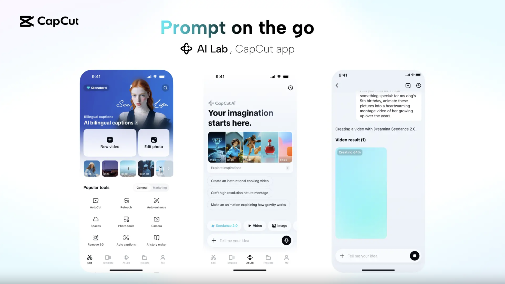 Giao diện tạo video bằng AI của Seedance 2.0 tr&ecirc;n ứng dụng CapCut.