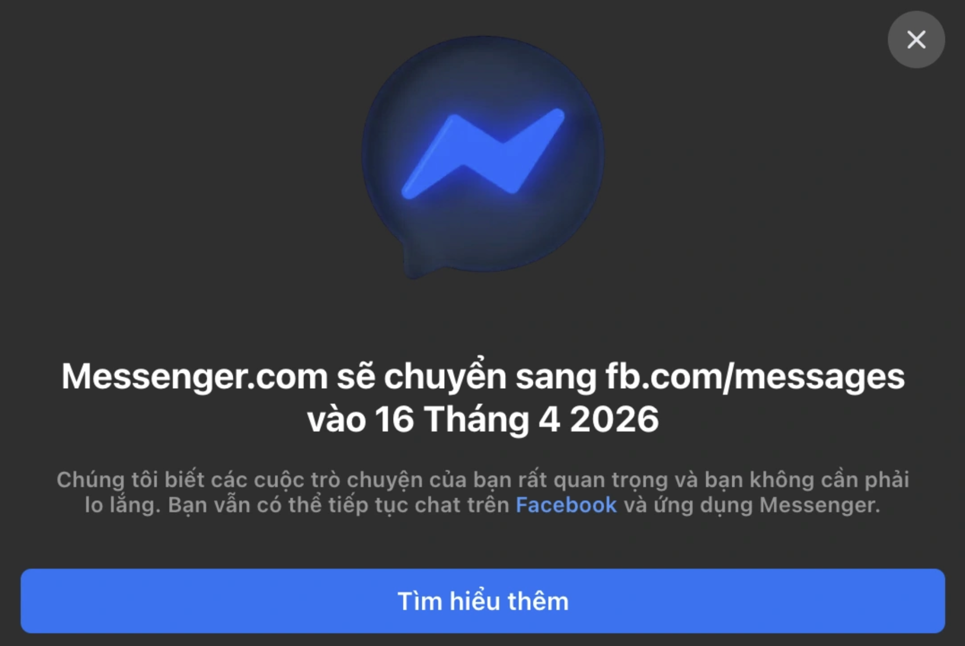 Th&ocirc;ng b&aacute;o của Meta khi người d&ugrave;ng truy cập v&agrave;o Messenger.com.