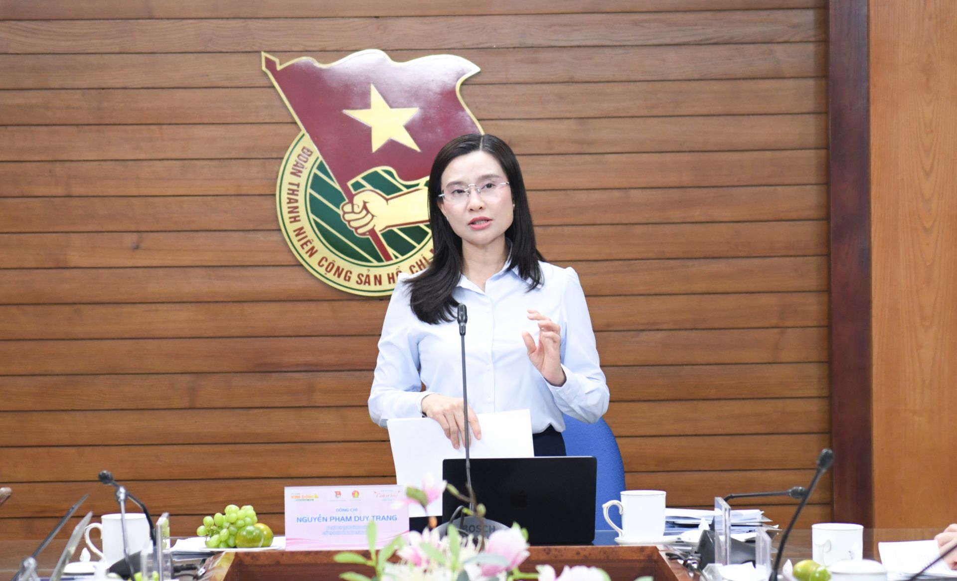 B&iacute; thư T.Ư Đo&agrave;n Nguyễn Phạm Duy Trang ph&aacute;t biểu tại cuộc họp.