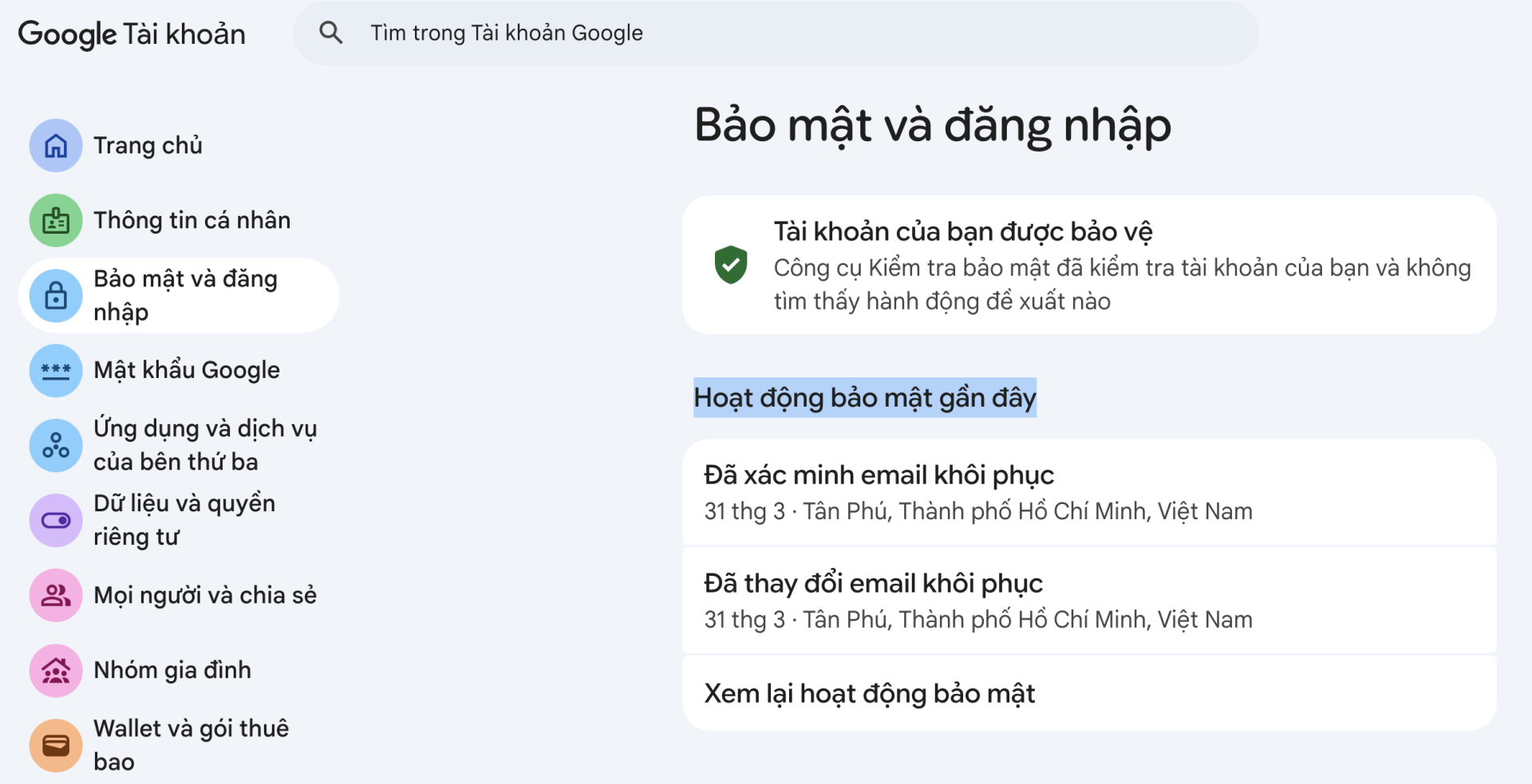 Kiểm tra hoạt động của t&agrave;i khoản Google. 