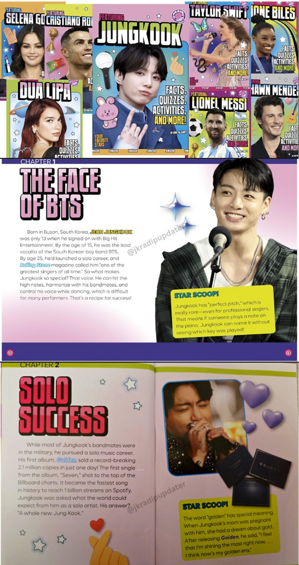 Jungkook xu&acirc;́t hi&ecirc;̣n trong sách cùng các ng&ocirc;i sao toàn c&acirc;̀u như Ronaldo, Selena Gomez, Taylor Swift.