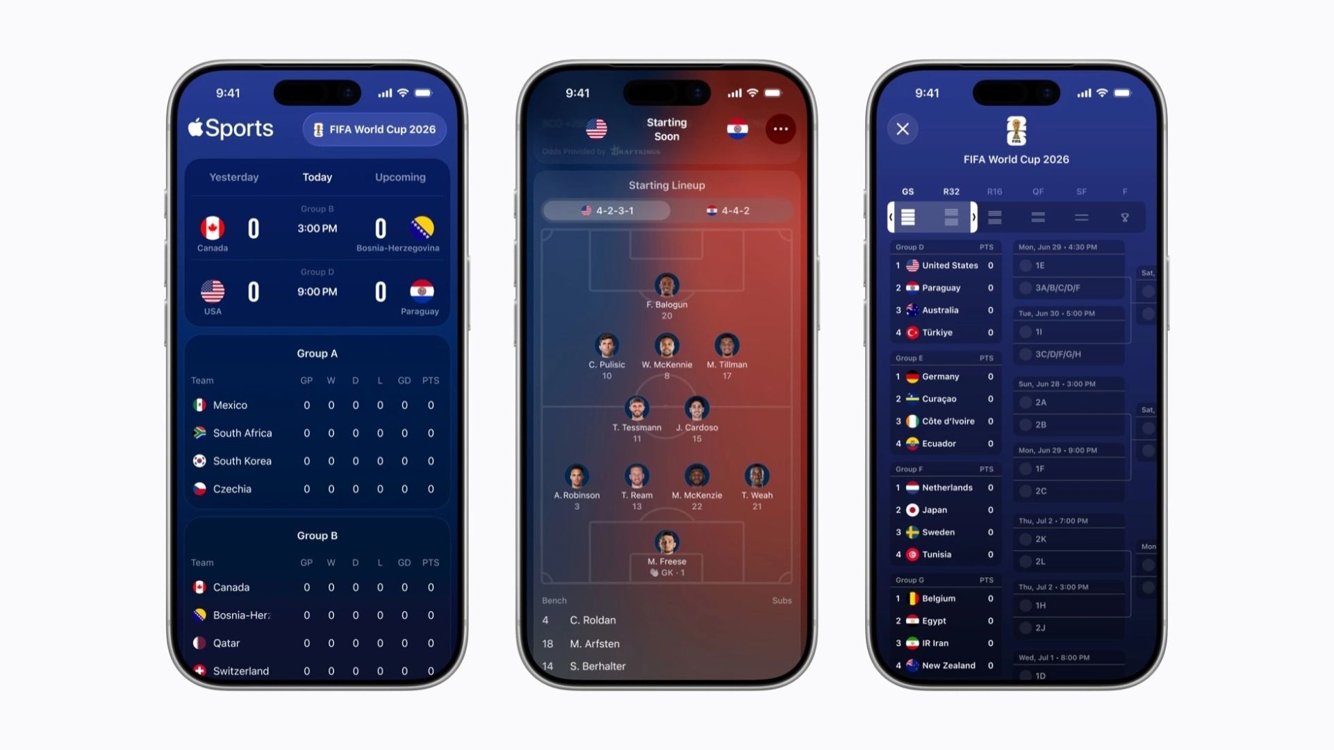 Apple Sports được tối ưu cho World Cup 2026 với sơ đồ nh&aacute;nh đấu, đội h&igrave;nh trực quan.