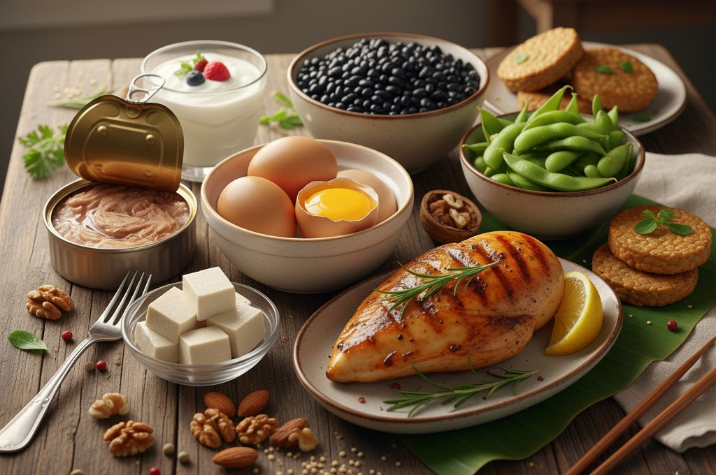 Thực phẩm gi&agrave;u protein như thịt g&agrave;, trứng, đậu v&agrave; c&aacute; gi&uacute;p cơ thể ph&aacute;t triển. 