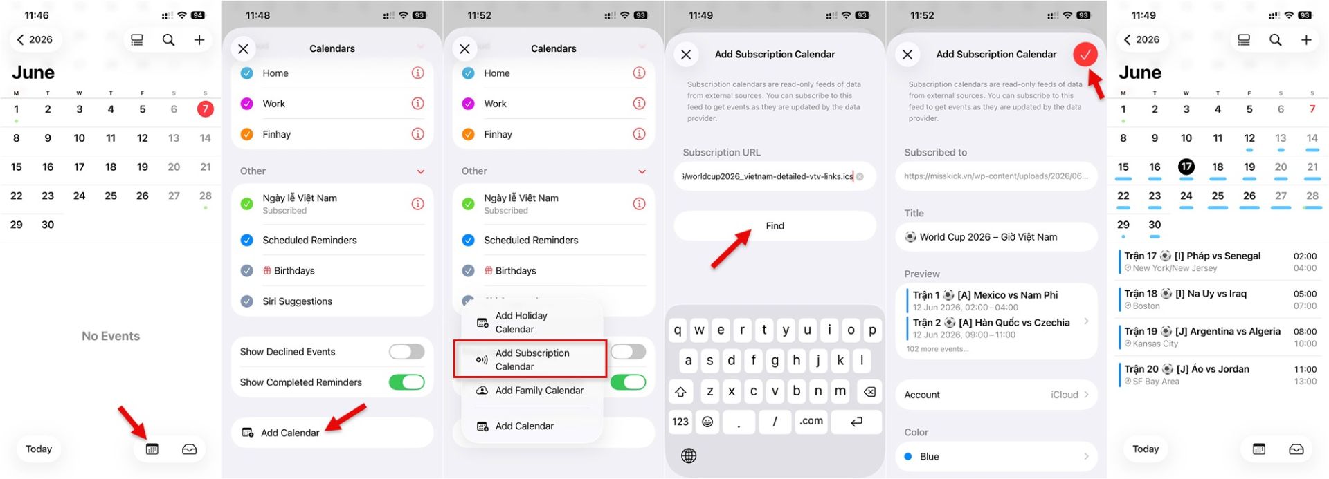 C&aacute;c bước th&ecirc;m lịch World Cup 2026 v&agrave;o iPhone.