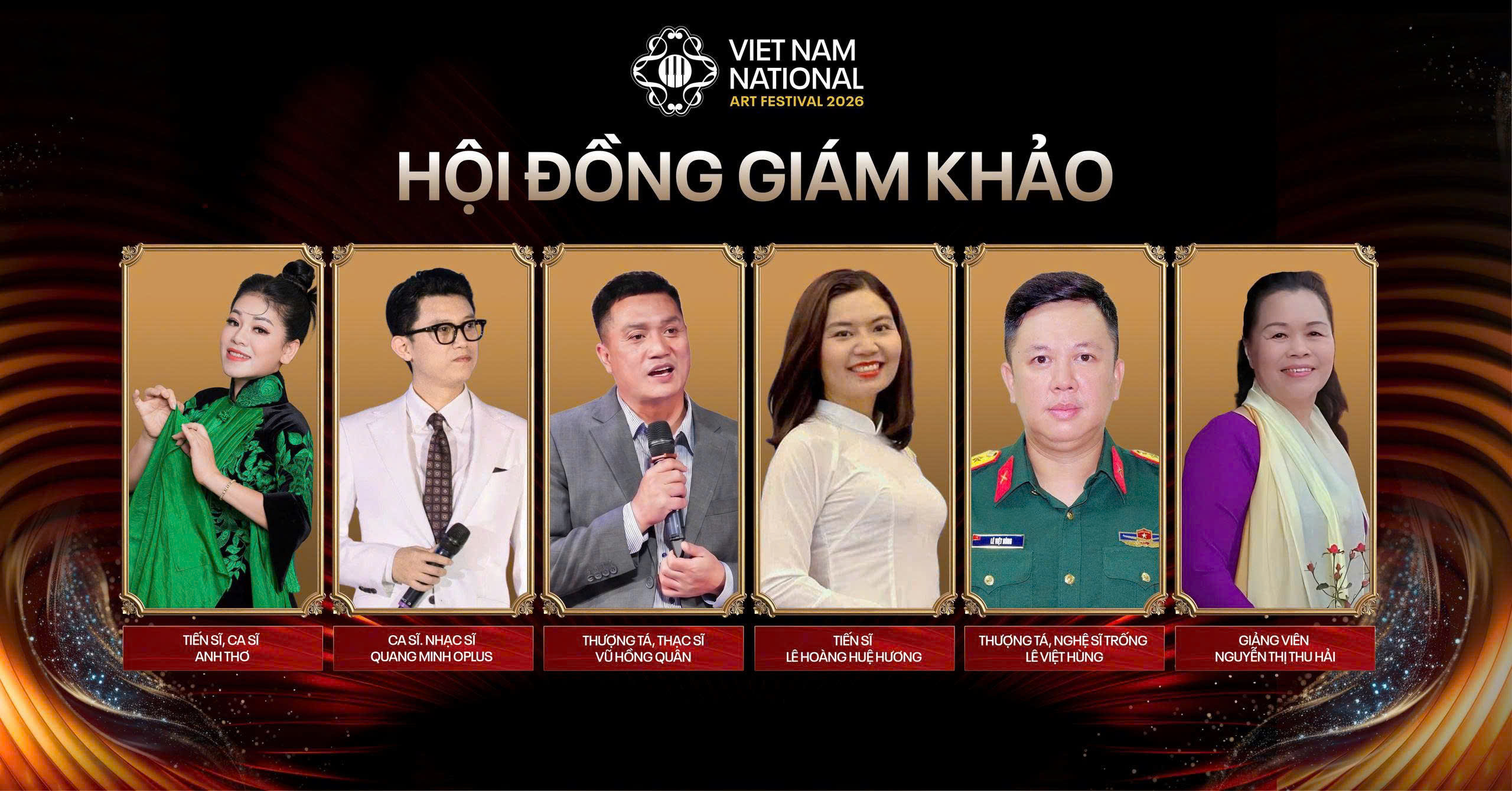 Những gương mặt uy t&iacute;n trong lĩnh vực thanh nhạc, nhạc cụ v&agrave; nghệ thuật biểu diễn tham gia chấm thi tại VNAF 2026.
