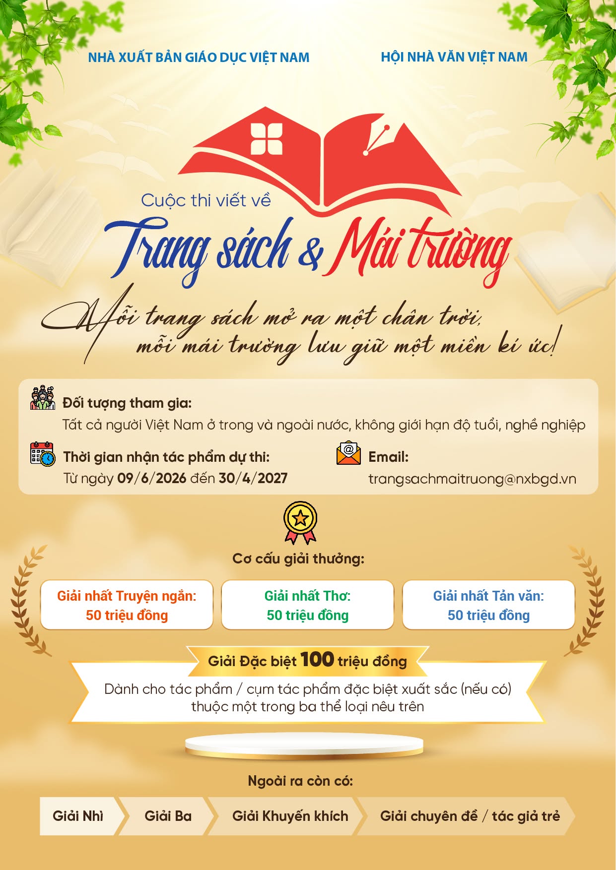 Inforgraphic tổng quan về cuộc thi S&aacute;ng t&aacute;c &ldquo;Trang s&aacute;ch & M&aacute;i trường đầy &yacute; nghĩa diễn ra đầu m&ugrave;a H&egrave; 2026 cho đến hết năm học 2026 - 2027.