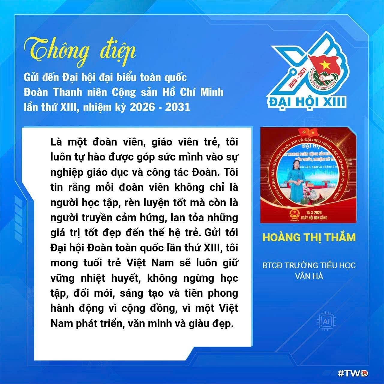 L&agrave; một đo&agrave;n vi&ecirc;n, gi&aacute;o vi&ecirc;n trẻ, chị Ho&agrave;ng Thị Thắm (B&iacute; thư Chi đo&agrave;n Trường Tiểu học V&acirc;n H&agrave;) cho rằng mỗi đo&agrave;n vi&ecirc;n kh&ocirc;ng chỉ l&agrave; người học tập, r&egrave;n luyện tốt m&agrave; c&ograve;n phải l&agrave; người truyền cảm hứng, lan tỏa những gi&aacute; trị t&iacute;ch cực tới thế hệ trẻ.
